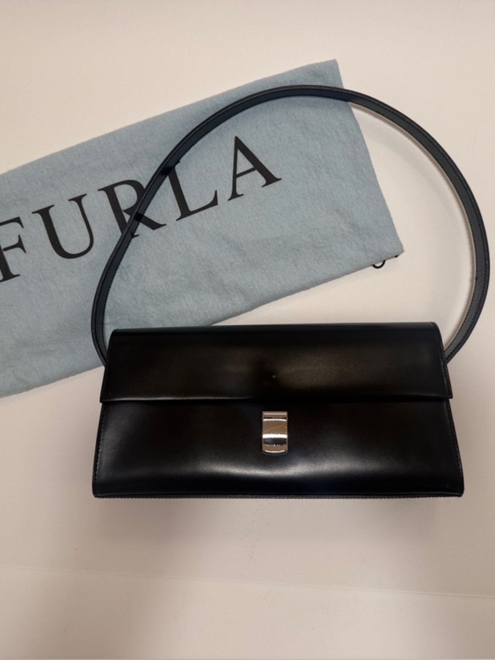 Furla East West Style Black Leather Shoulder Bag with Silver Clasp